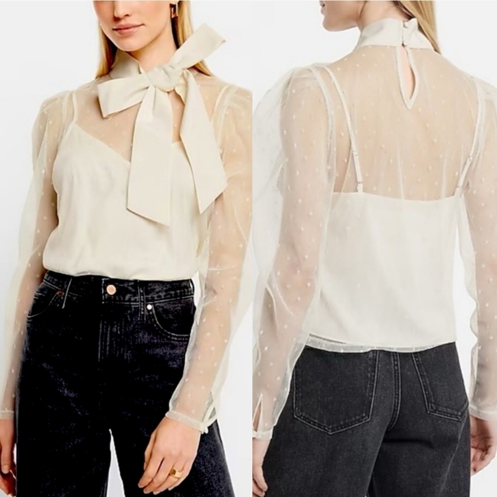 Express Tulle Polka Dot Tie Mock Neck Puff Sleeve Top Cream XS